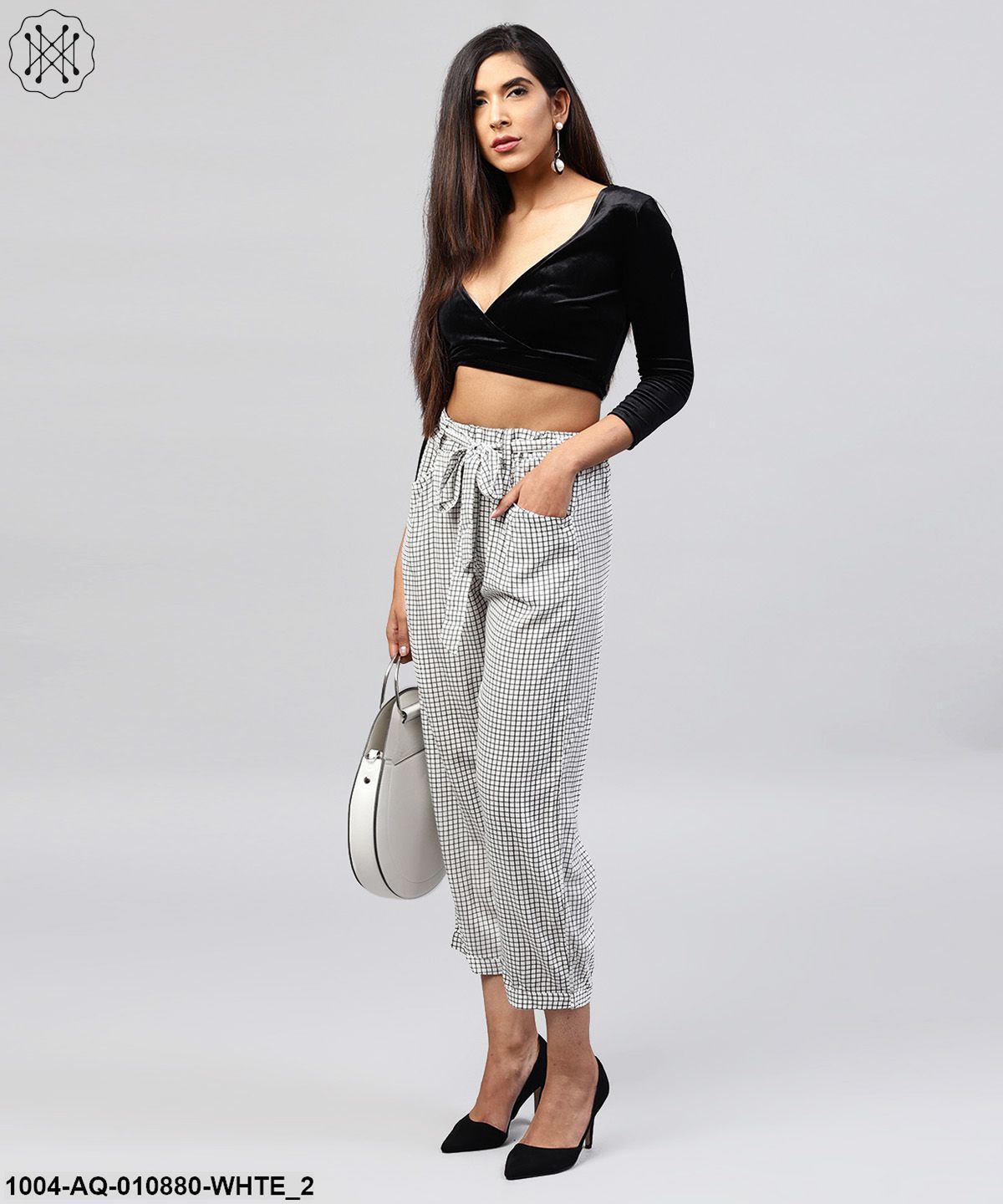 White & Black Small Checked Cotton Ankle Length Trouser
