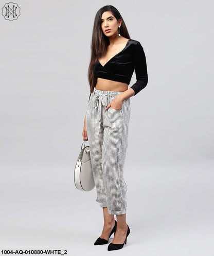 White & Black Small Checked Cotton Ankle Length Trouser
