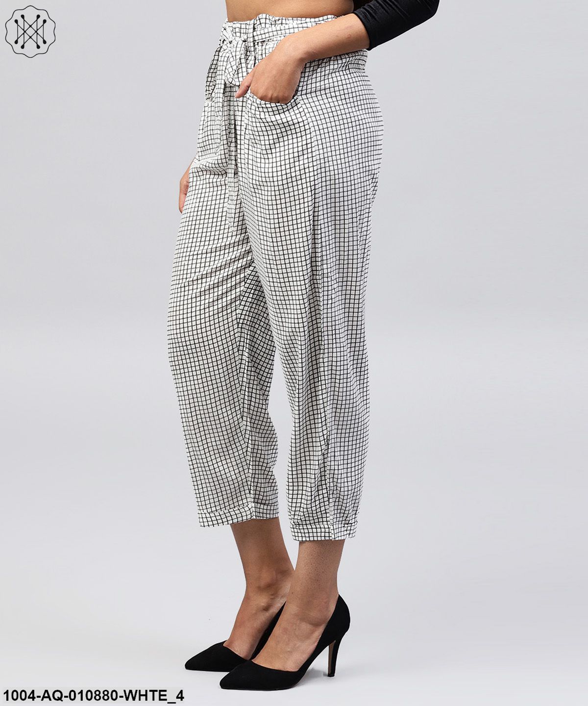 White & Black Small Checked Cotton Ankle Length Trouser