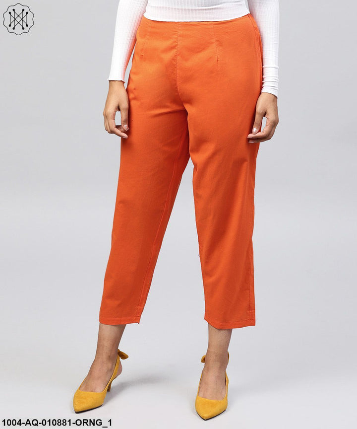 Solid Orange Ankle Length Cotton Regular Fit Trouser