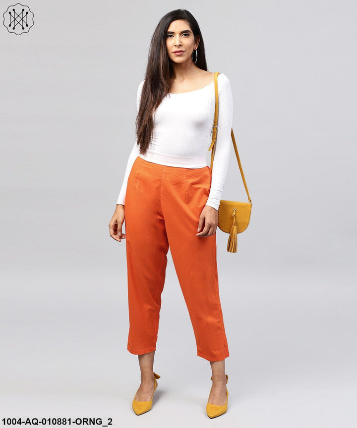 Solid Orange Ankle Length Cotton Regular Fit Trouser