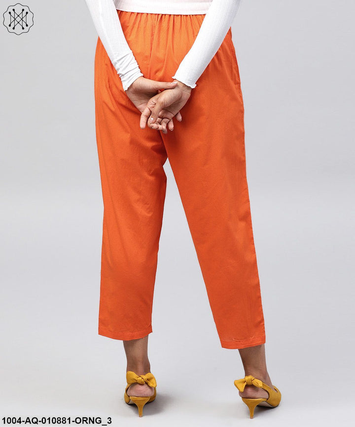 Solid Orange Ankle Length Cotton Regular Fit Trouser