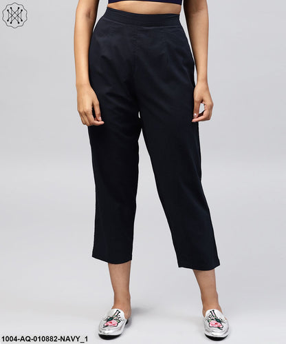 Navy Blue Ankle Length Cotton Regular Fit Trouser