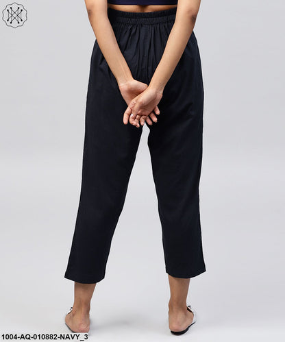 Navy Blue Ankle Length Cotton Regular Fit Trouser