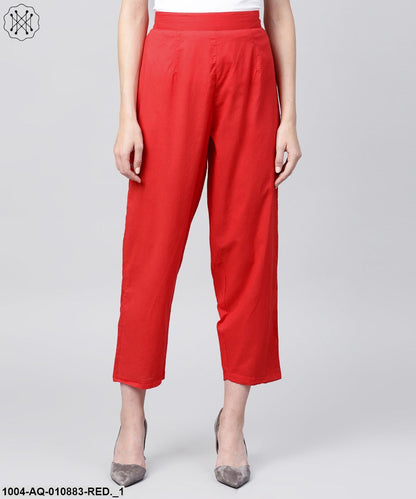 Solid Red Ankle Length Cotton Regular Fit Trouser