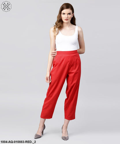 Solid Red Ankle Length Cotton Regular Fit Trouser