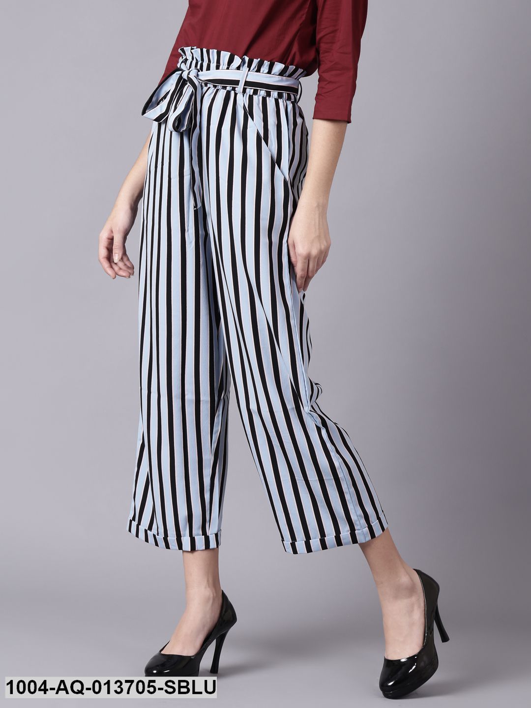 Sky Blue Striped Casual Texture Georgette Trouser