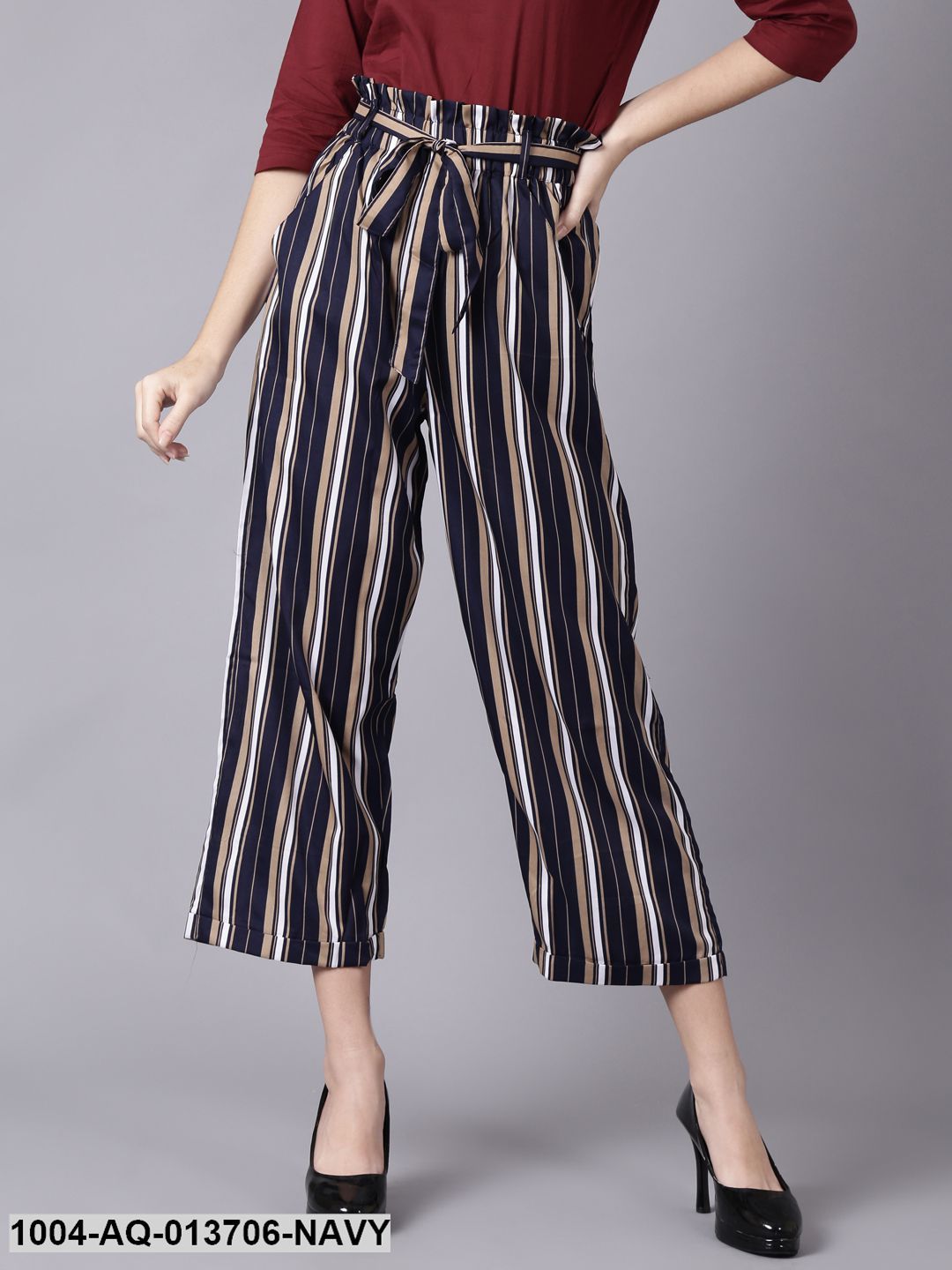 Navy Blue Striped Casual Crepe Trouser