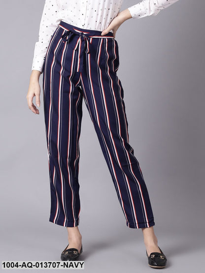 Navy Blue Striped Casual Crepe Trouser