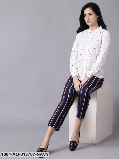Navy Blue Striped Casual Crepe Trouser