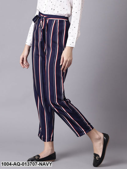 Navy Blue Striped Casual Crepe Trouser