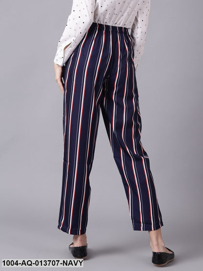 Navy Blue Striped Casual Crepe Trouser