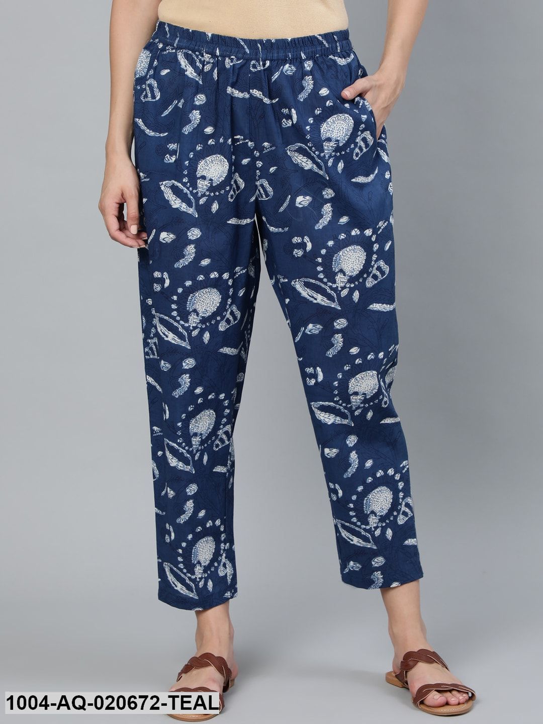 Teal Blue & Off-White Printed Cotton Regular Fit Cropped Trousers