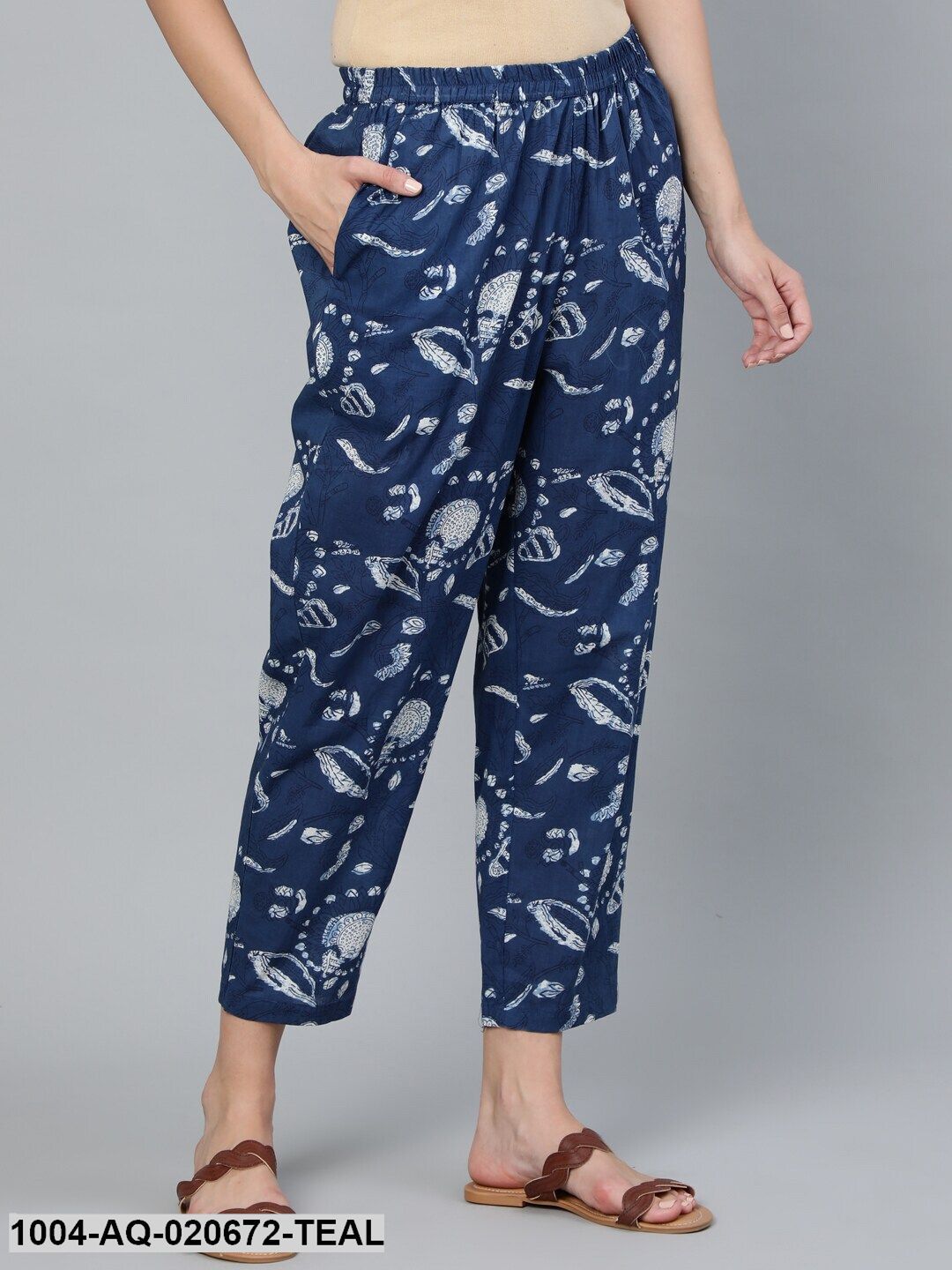 Teal Blue & Off-White Printed Cotton Regular Fit Cropped Trousers