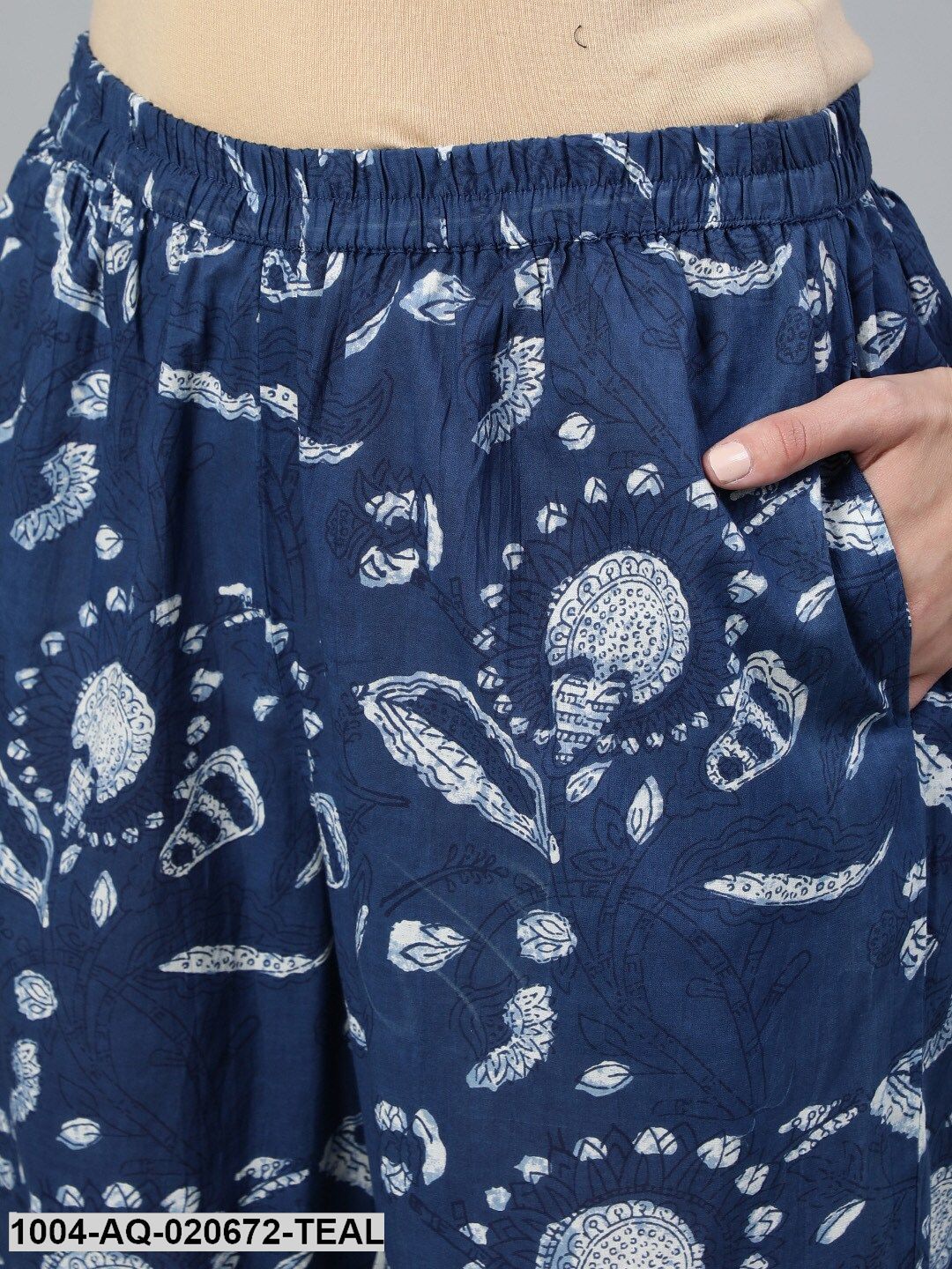 Teal Blue & Off-White Printed Cotton Regular Fit Cropped Trousers