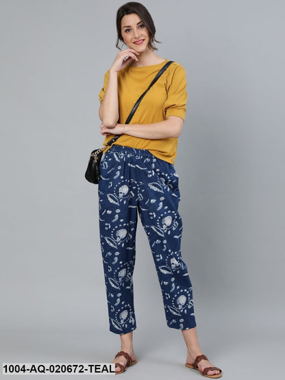 Teal Blue & Off-White Printed Cotton Regular Fit Cropped Trousers
