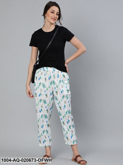 Off-White & Blue Regular Fit Printed Cotton Cropped Trousers