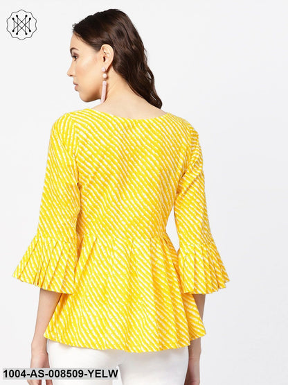 Yellow And White Leheriya Printed Boat Neck Flared Sleeves Pleated Tunic