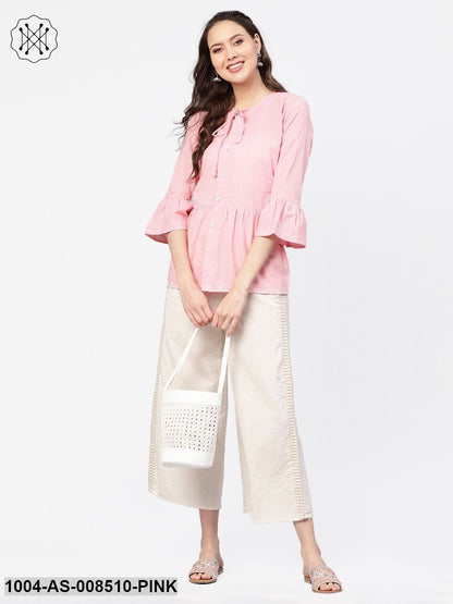 Solid Light Pink Tunic With Dori Detailing And Embroidery Work At Hemline