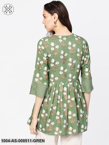 Green & White Floral Printed Tunic With Round Neck And Dori Detailing