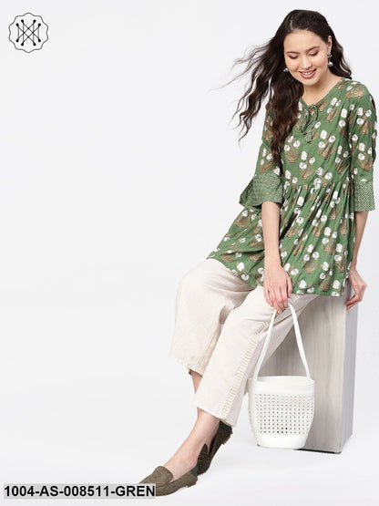 Green & White Floral Printed Tunic With Round Neck And Dori Detailing