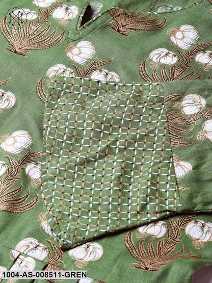 Green & White Floral Printed Tunic With Round Neck And Dori Detailing