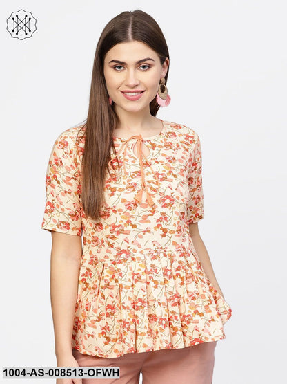 Off White & Pink Printed Cotton Half Sleeve Tunic