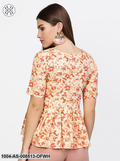 Off White & Pink Printed Cotton Half Sleeve Tunic