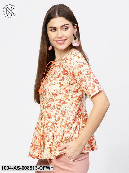 Off White & Pink Printed Cotton Half Sleeve Tunic