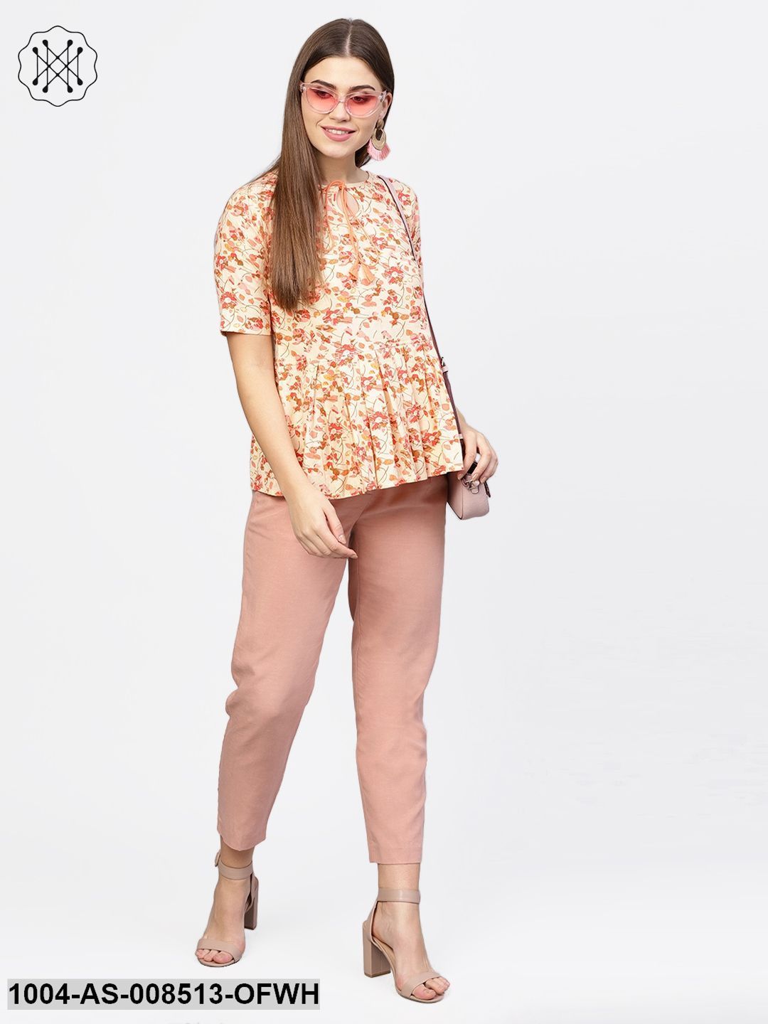 Off White & Pink Printed Cotton Half Sleeve Tunic