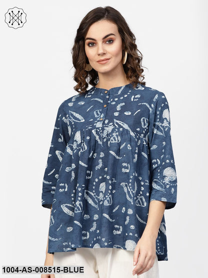 Blue Printed Cotton 3/4Th Sleeve A-Line Tunic