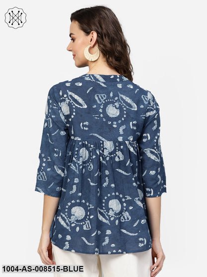 Blue Printed Cotton 3/4Th Sleeve A-Line Tunic