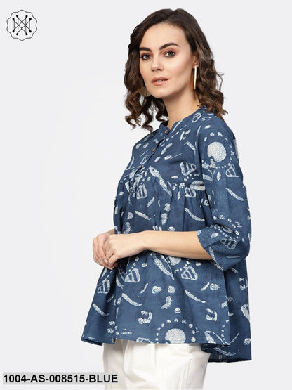 Blue Printed Cotton 3/4Th Sleeve A-Line Tunic