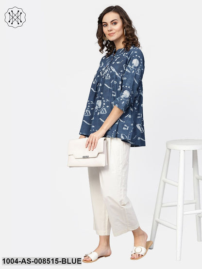 Blue Printed Cotton 3/4Th Sleeve A-Line Tunic