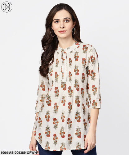 White Printed 3/4Th Sleeve Cotton Tunic