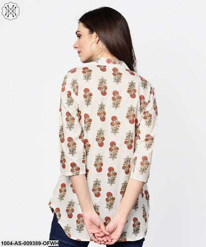 White Printed 3/4Th Sleeve Cotton Tunic