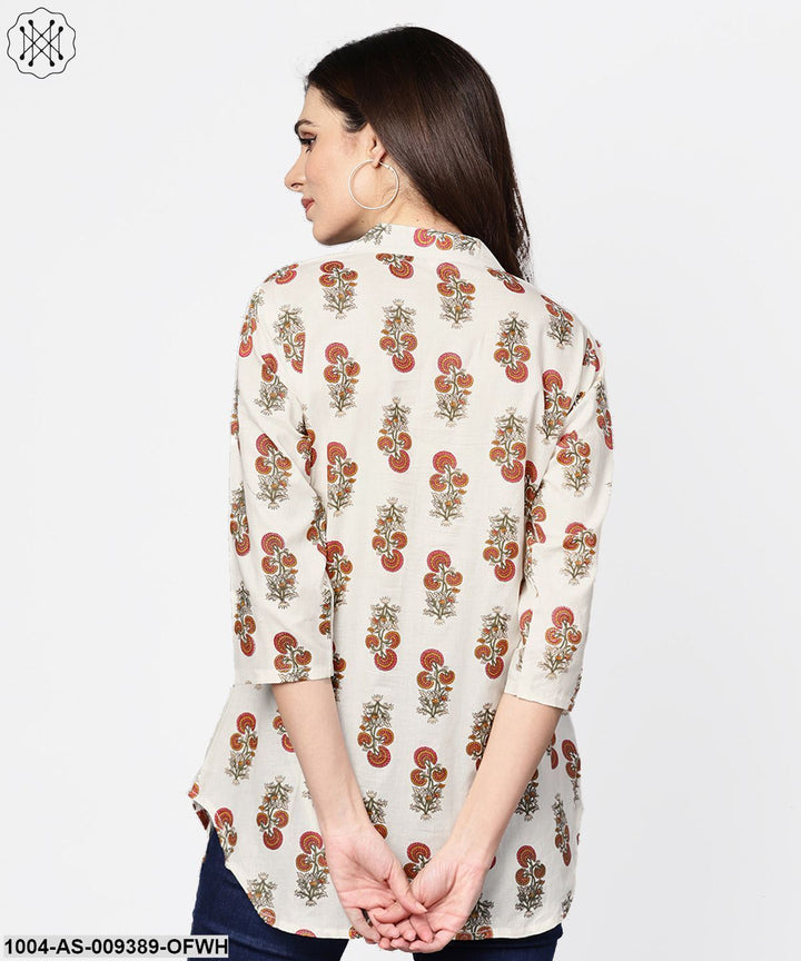 White Printed 3/4Th Sleeve Cotton Tunic