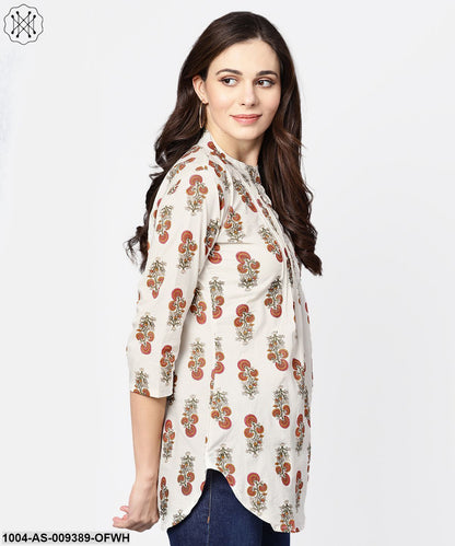 White Printed 3/4Th Sleeve Cotton Tunic