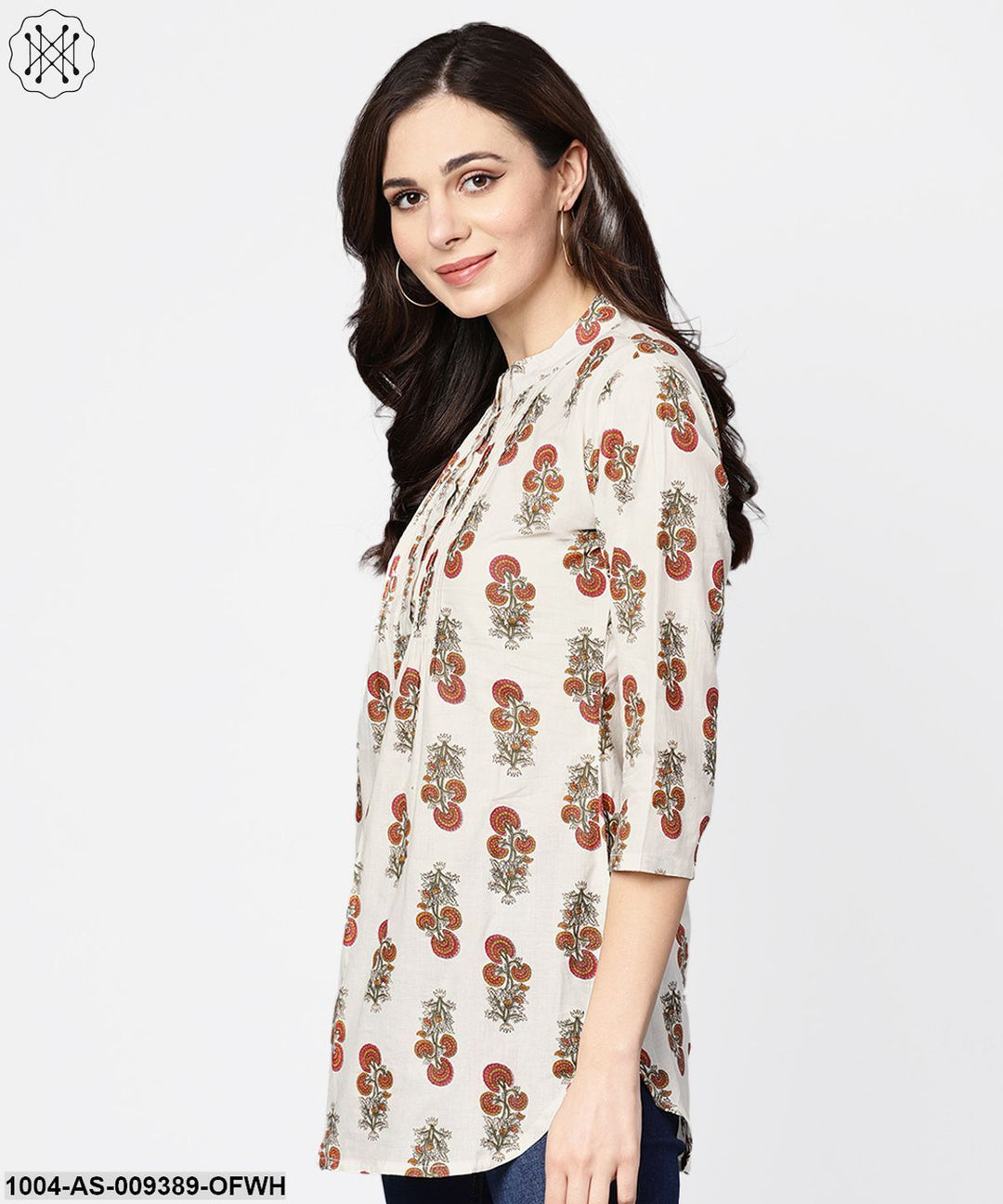 White Printed 3/4Th Sleeve Cotton Tunic