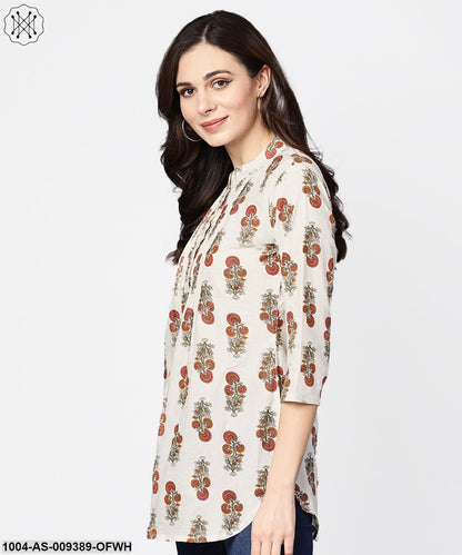 White Printed 3/4Th Sleeve Cotton Tunic