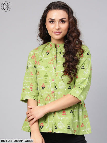 Light Green Tribal Print Tunic With Mandarin Collar & 3/4 Sleeves