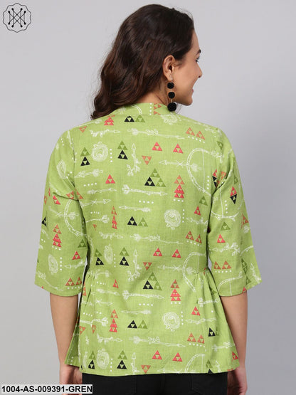 Light Green Tribal Print Tunic With Mandarin Collar & 3/4 Sleeves