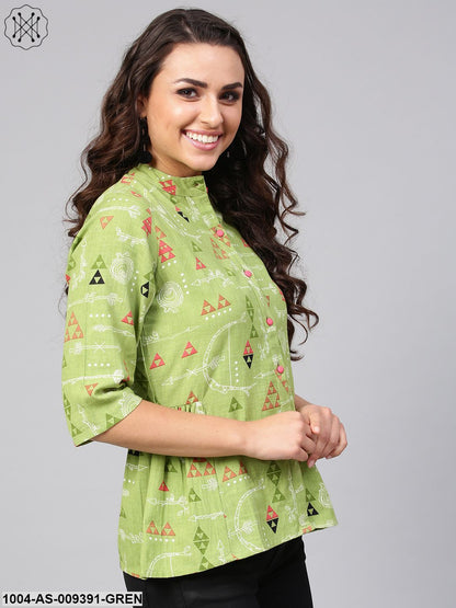 Light Green Tribal Print Tunic With Mandarin Collar & 3/4 Sleeves