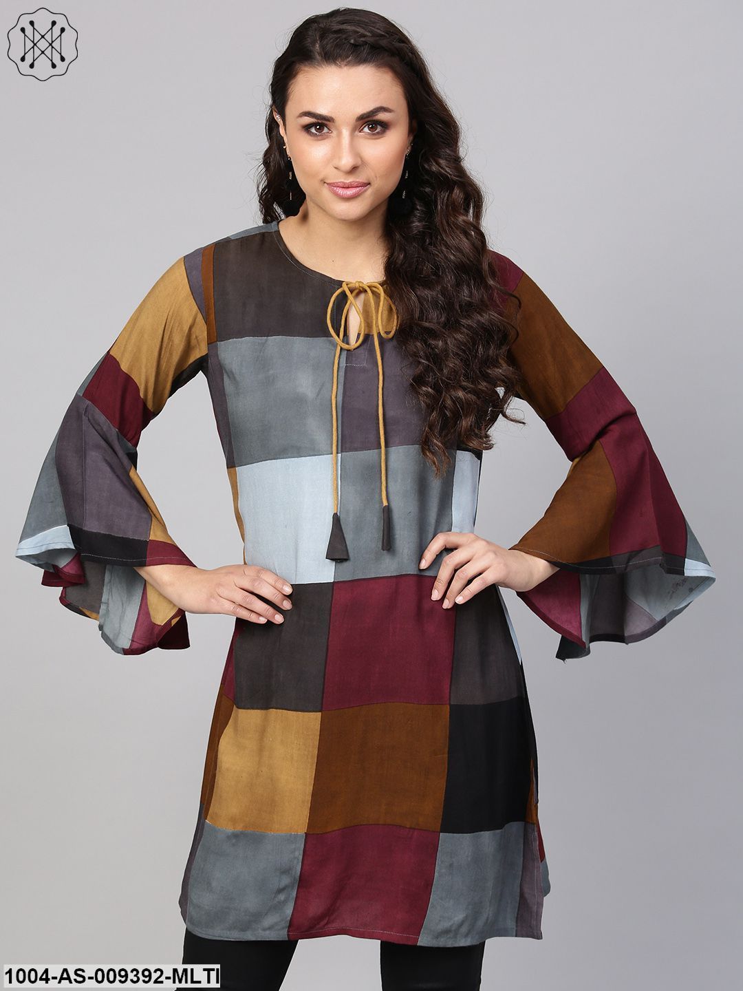 Multi-Colored Checked Tunic Key Hole Neck & Bell Sleeves