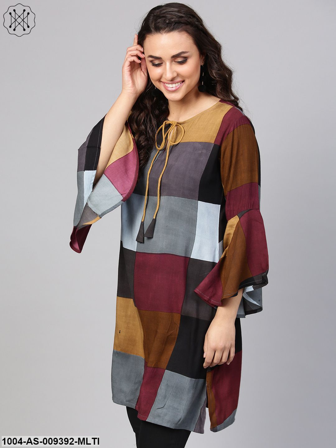 Multi-Colored Checked Tunic Key Hole Neck & Bell Sleeves