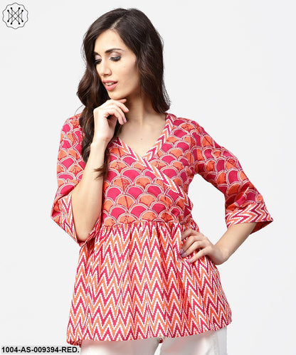 Red Printed 3/4Th Sleeve Angrakha Style Cotton Tunic