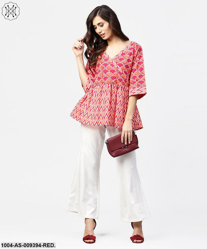Red Printed 3/4Th Sleeve Angrakha Style Cotton Tunic