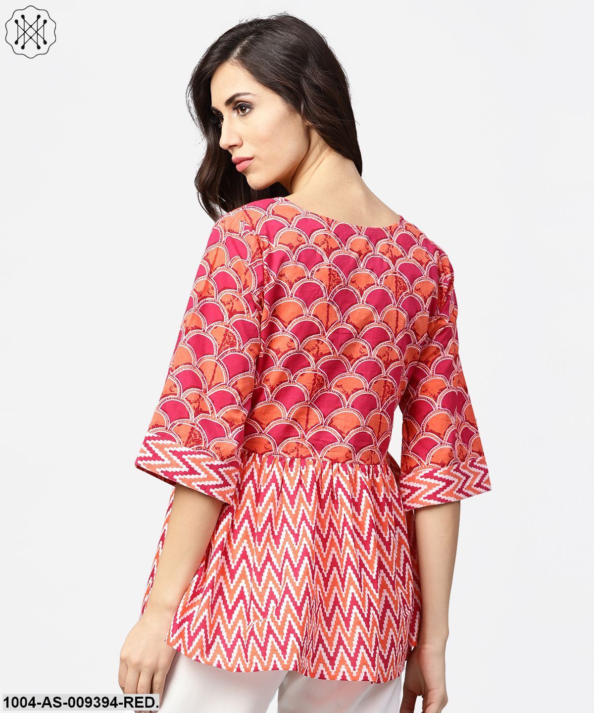 Red Printed 3/4Th Sleeve Angrakha Style Cotton Tunic