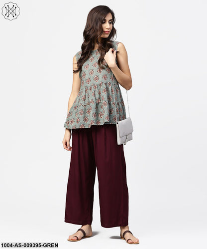 Green Printed Sleeveless Cotton Tiered Style Tunic