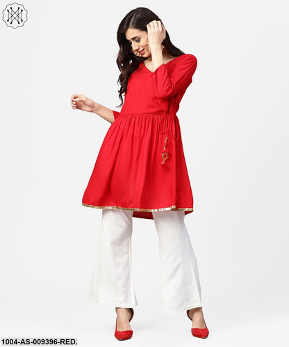 Red 3/4Th Sleeve Angrakha Style Flared Tunic With Dori Work